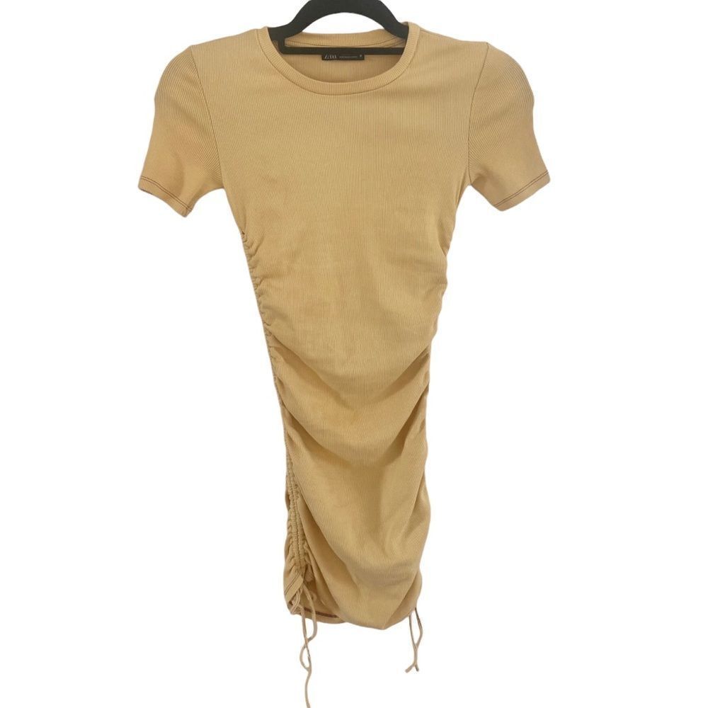 Zara Ribbed Side Ruched Mini Bodycon Dress Yellow Small